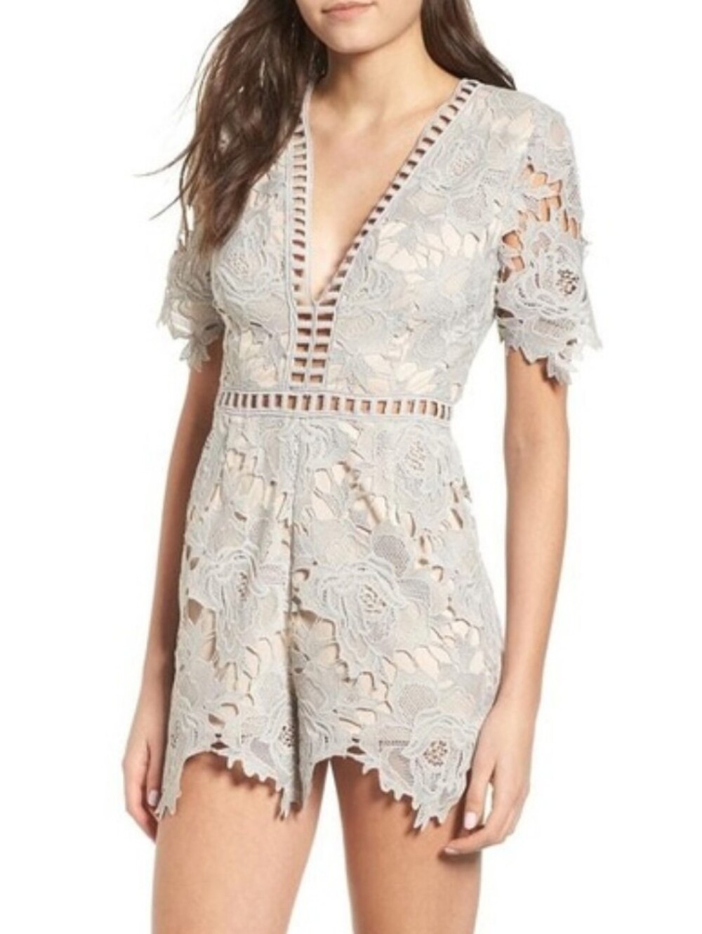 ASTR gray delicate floral lace shorts romper Deep V-neck with ladder trim detail